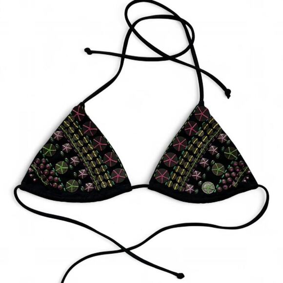Victoria's Secret Other - Victoria’s Secret Black Embellished Triangle Bikini Top Beaded Studded Festival